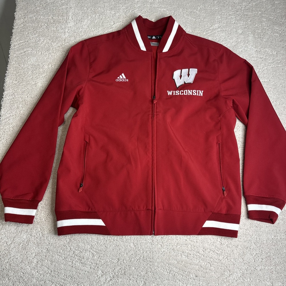 Men's Adidas Medium‎ Wisconsin Badgers Windbreaker Bomber Jacket Red Full Zip